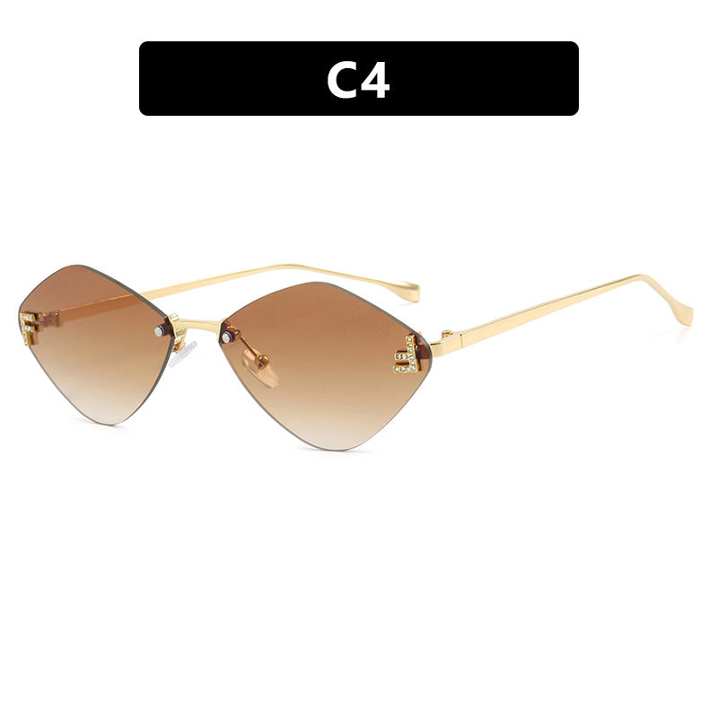 Frameless diamond shaped sunglasses with letter F for women's high-end and elegant sunglasses