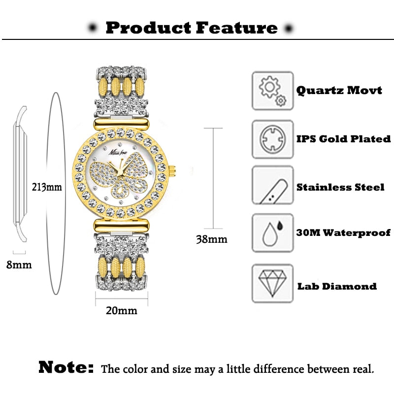 MISSFOX 2030 Butterfly Women Watches Luxury Brand Big Diamond 18K Gold Watch Waterproof Special Bracelet Expensive Ladies Wrist Watch