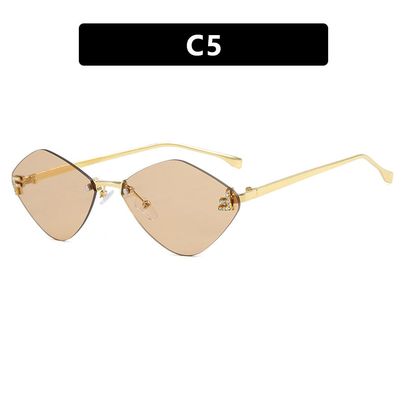 Frameless diamond shaped sunglasses with letter F for women's high-end and elegant sunglasses