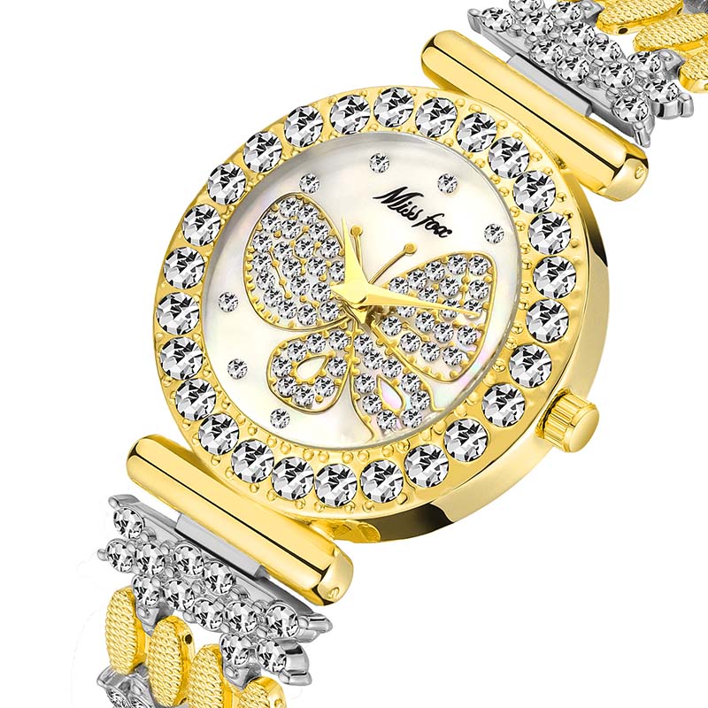 MISSFOX 2030 Butterfly Women Watches Luxury Brand Big Diamond 18K Gold Watch Waterproof Special Bracelet Expensive Ladies Wrist Watch