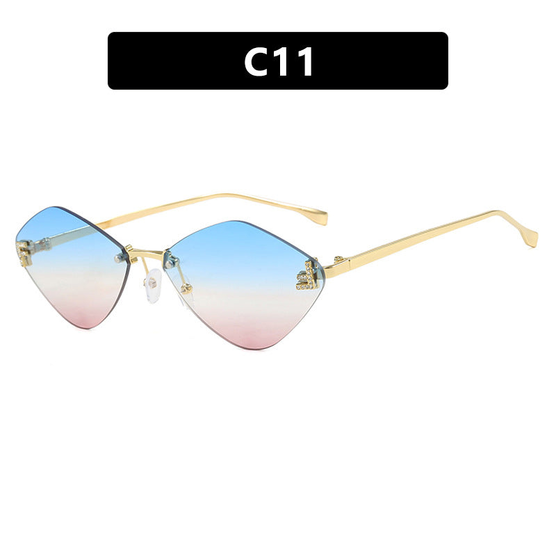 Frameless diamond shaped sunglasses with letter F for women's high-end and elegant sunglasses