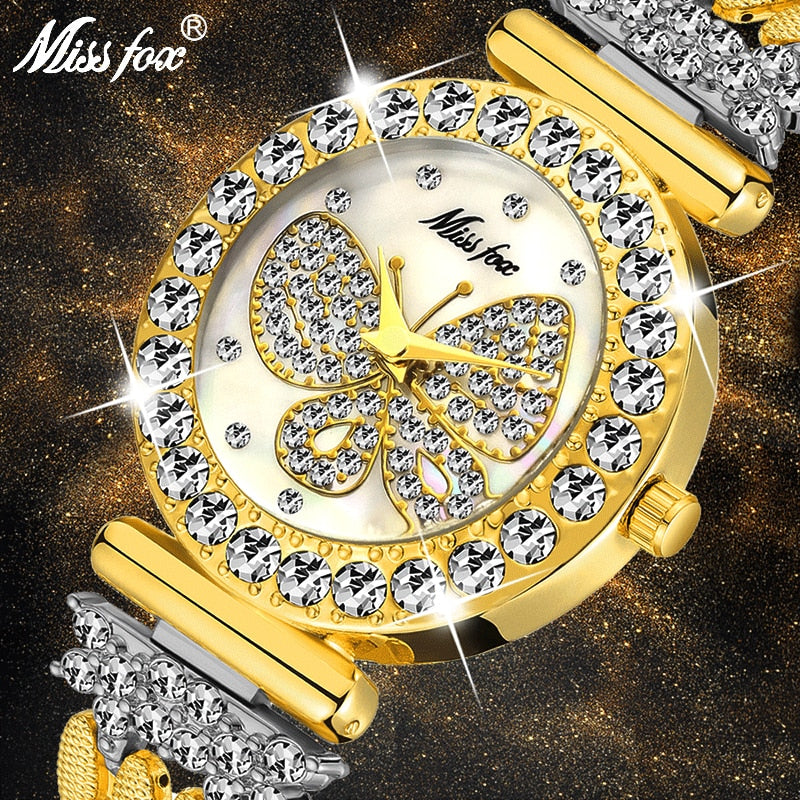 MISSFOX 2030 Butterfly Women Watches Luxury Brand Big Diamond 18K Gold Watch Waterproof Special Bracelet Expensive Ladies Wrist Watch