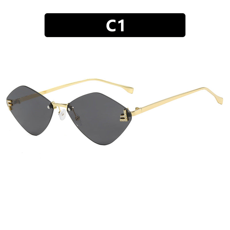 Frameless diamond shaped sunglasses with letter F for women's high-end and elegant sunglasses